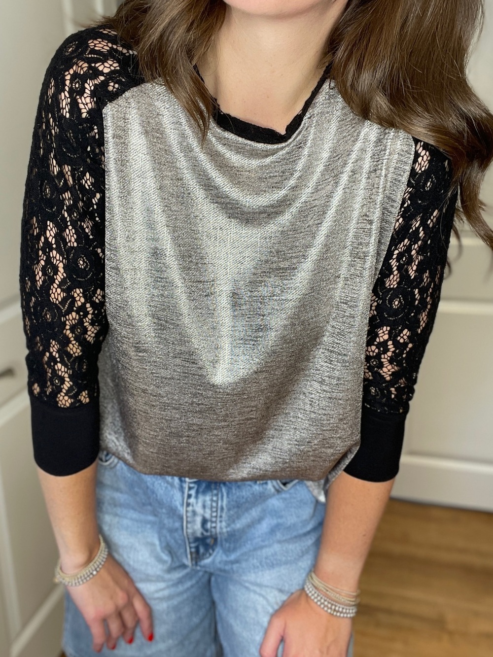 Dotty Metallic Silver Lace-Sleeve Long Sleeve Tee